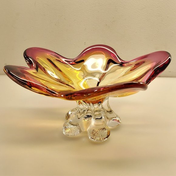 MURANO ITALY ART GLASS ABSTRACT CENTERPIECE PEDESTAL STARFISH BOWL PINK PURPLE - Picture 1 of 16